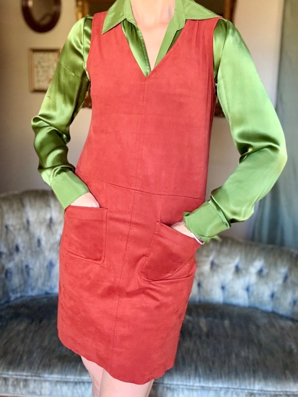Vintage Y2K Max Studio Rust Faux Suede Mini Dress XS Dark Academia